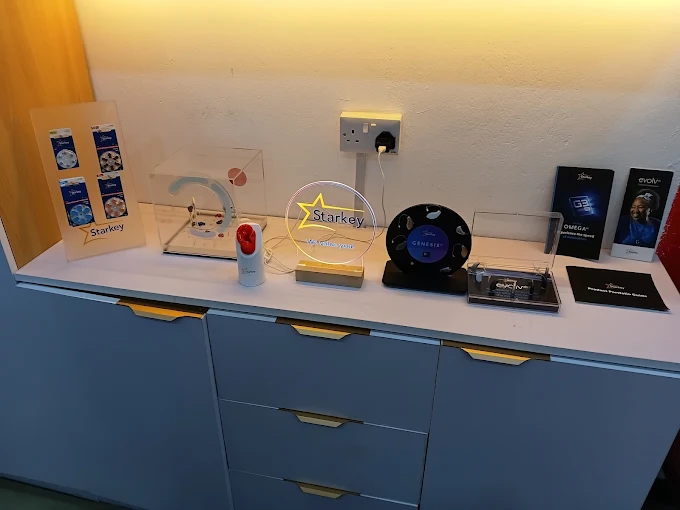 Hearing aid and accessory display counter at Mombasa Hearing Centre