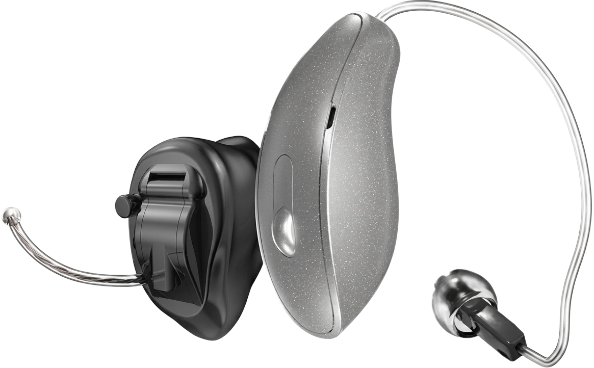 Silver Starkey Edge AI receiver-in-canal hearing aid beside a black custom Edge AI in-the-ear device