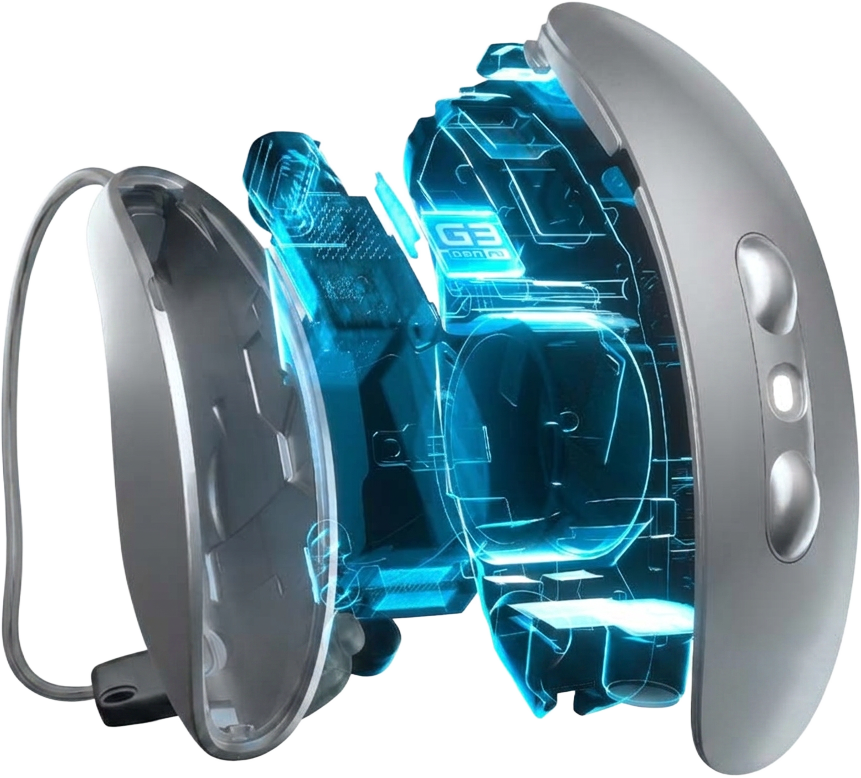 Cutaway view of a silver Starkey Omega AI hearing aid showing the G3 Gen AI processor inside