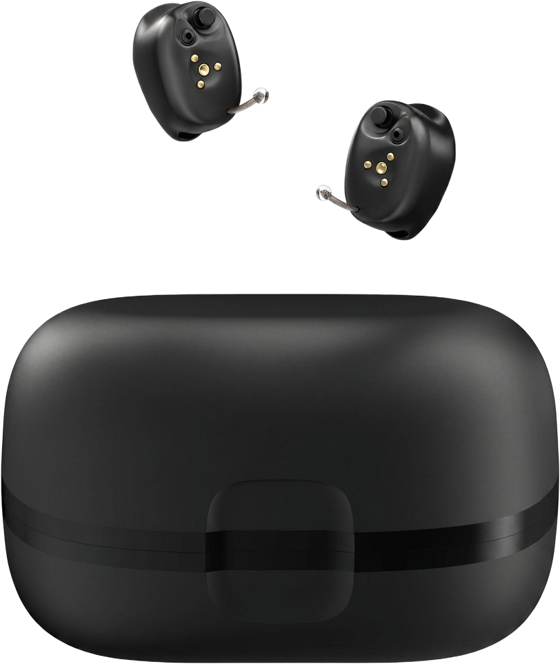 Pair of black Starkey Signature Series custom in-canal hearing aids above their portable charging case